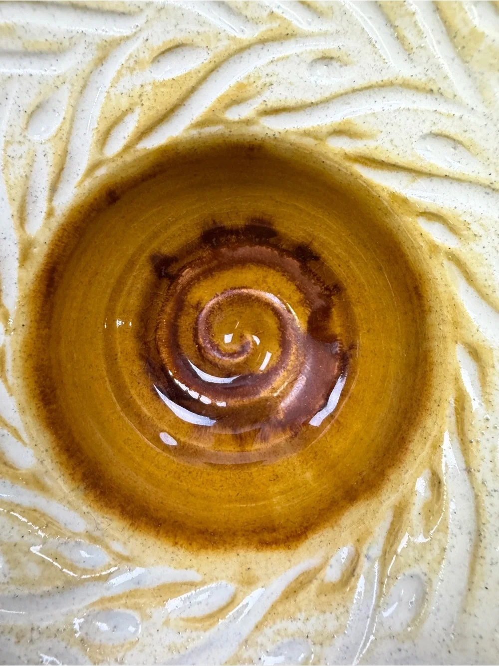 Signed Studio Pottery Bowl Honey Gold Amber Layered Glaze Carved Leaf Design